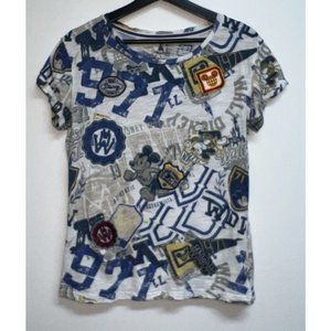 Disney Parks Womens Mickey Badges Patches T-shirt Size M White Blue Gray S/S Tee